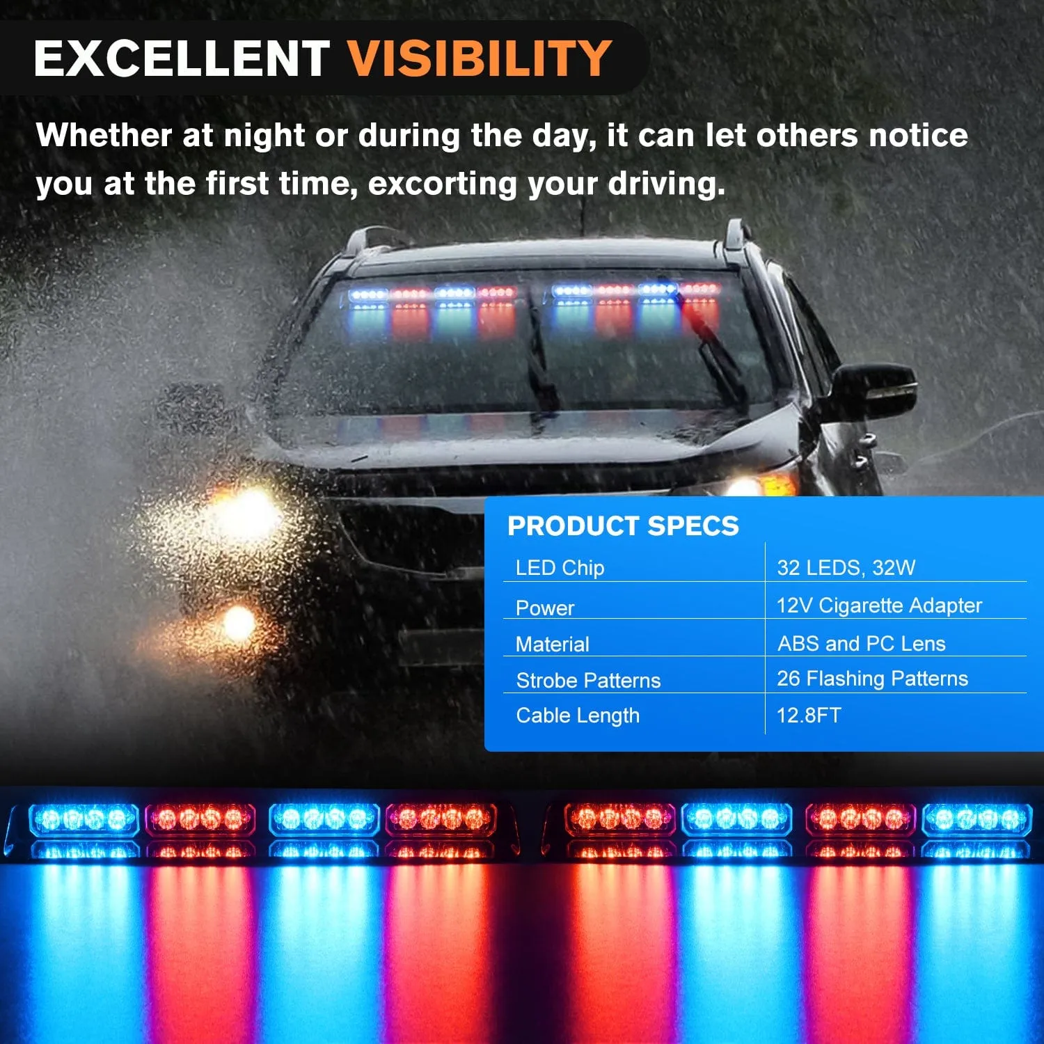 32LED Red Blue Suction Cups Emergency Dash Strobe Lights