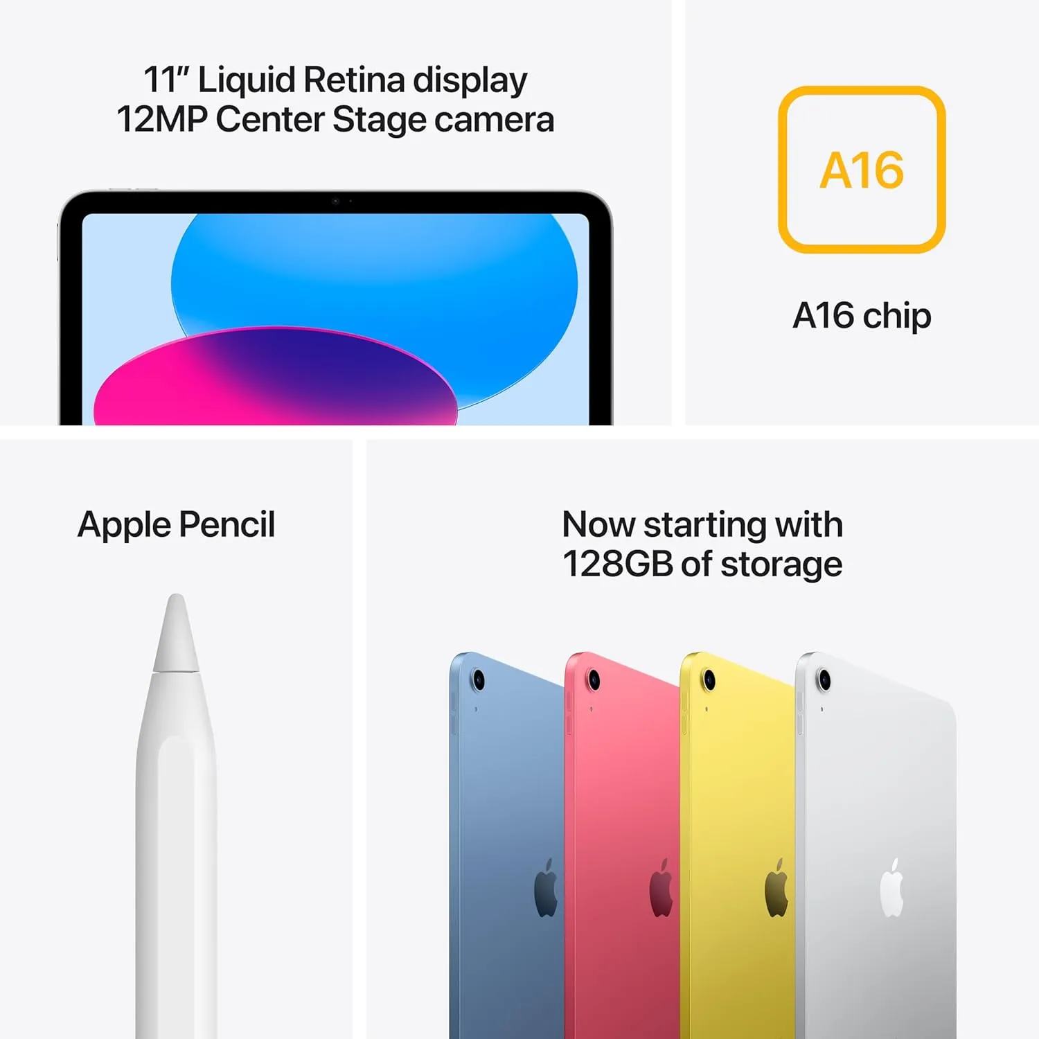 Apple iPad 11-inch: A16 chip, 11-inch Model, Liquid Retina Display, 128GB, Wi-Fi 6, 12MP Front/12MP Back Camera, Touch ID, All-Day Battery Life  Silver