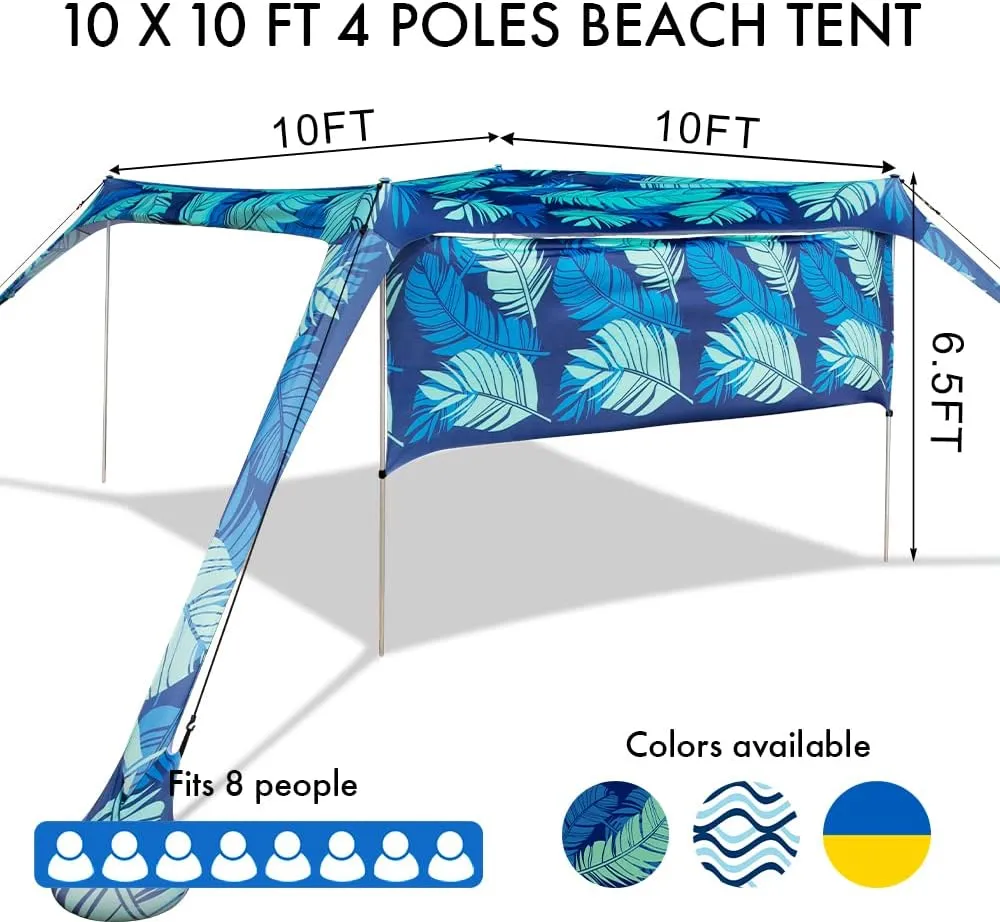 Beach Canopy Tent Shade with Sidewalls 10x10FT, 6.6FT Tall, UPF50  Sun Shelter, Windproof & Water Resistant, Includes Guylines Sand Shovel Stability Poles, Easy Up for Beach Outdoor Camping Backyard