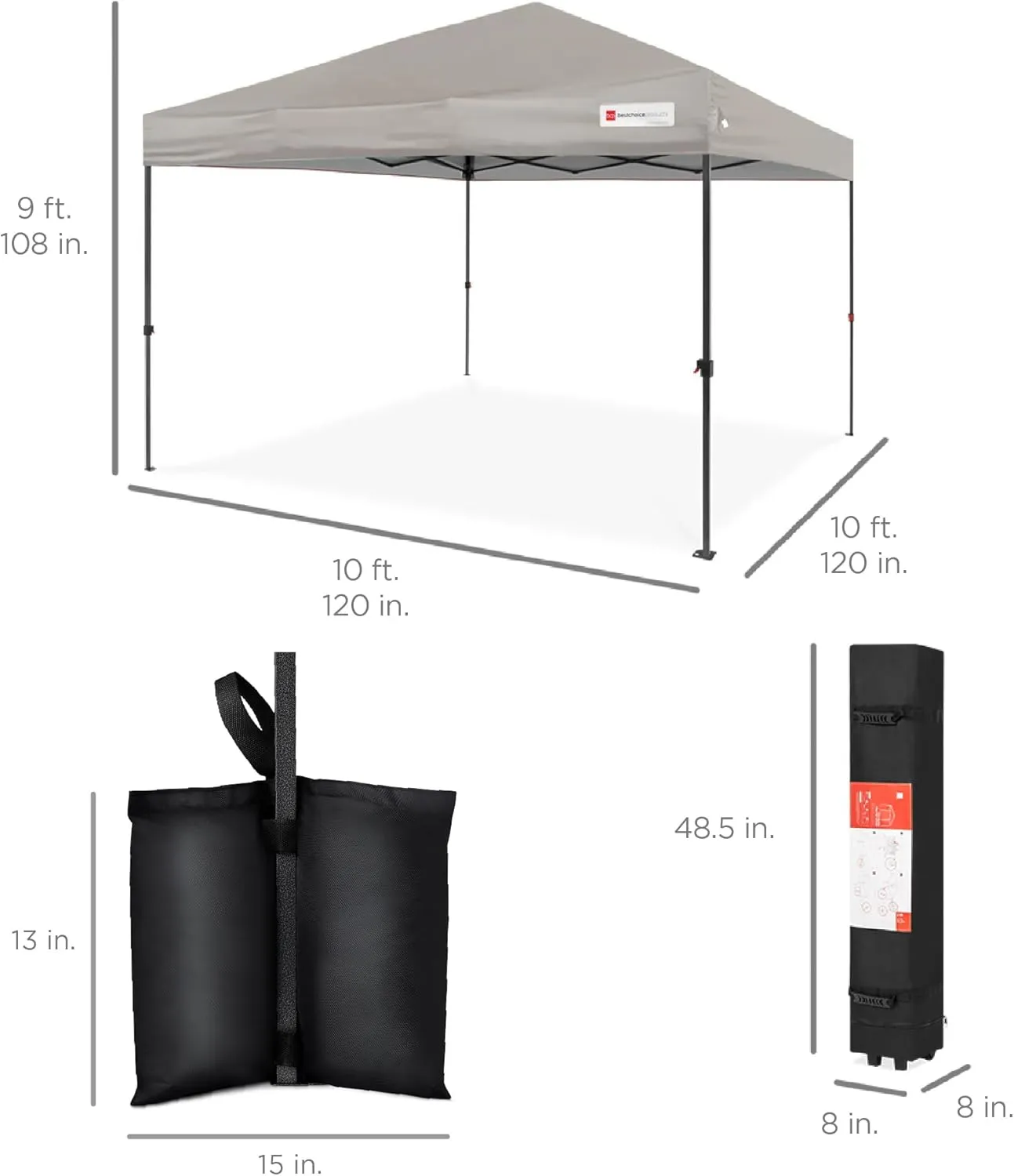 Best Choice Products 10x10ft 1-Person Setup Pop Up Canopy Tent Instant Portable Shelter w/ 1-Button Push, Case, 4 Weight Bags - Light Gray
