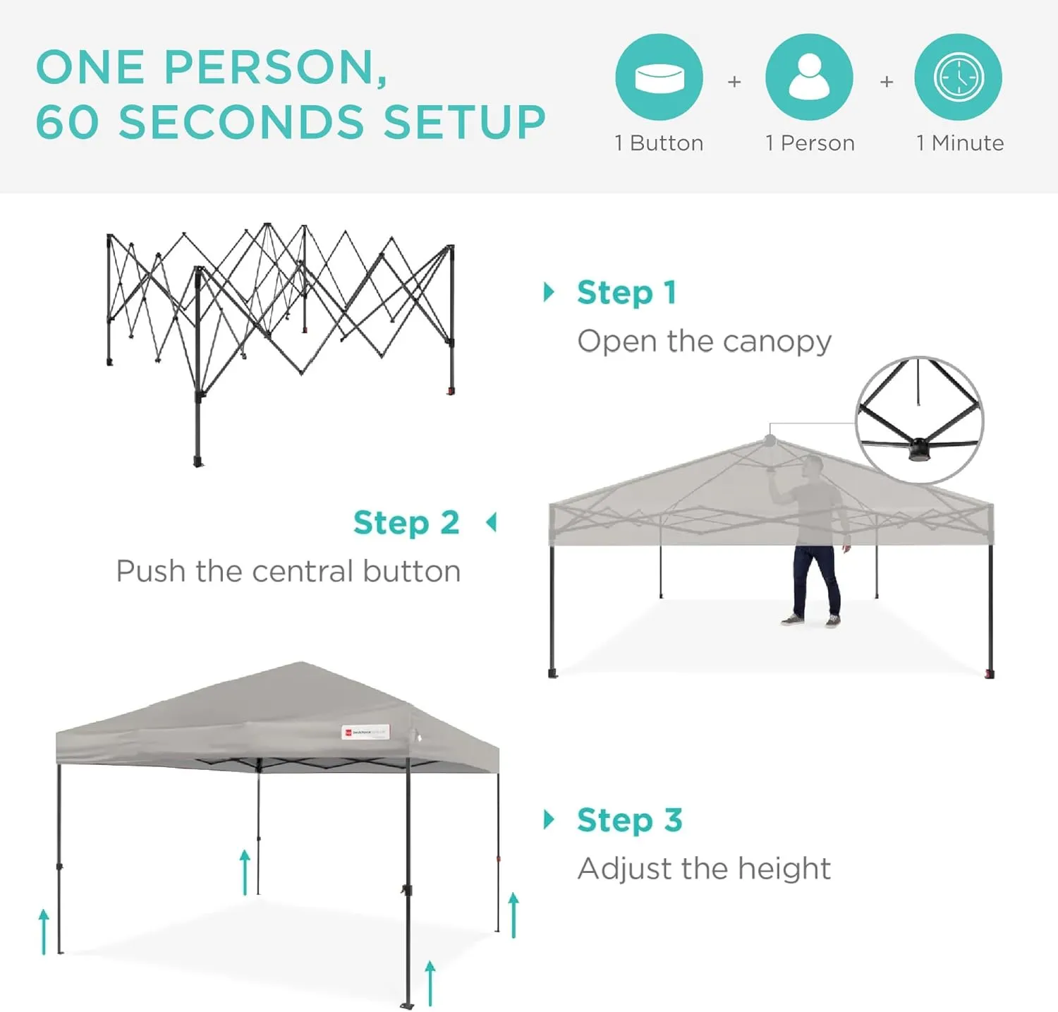 Best Choice Products 10x10ft 1-Person Setup Pop Up Canopy Tent Instant Portable Shelter w/ 1-Button Push, Case, 4 Weight Bags - Light Gray