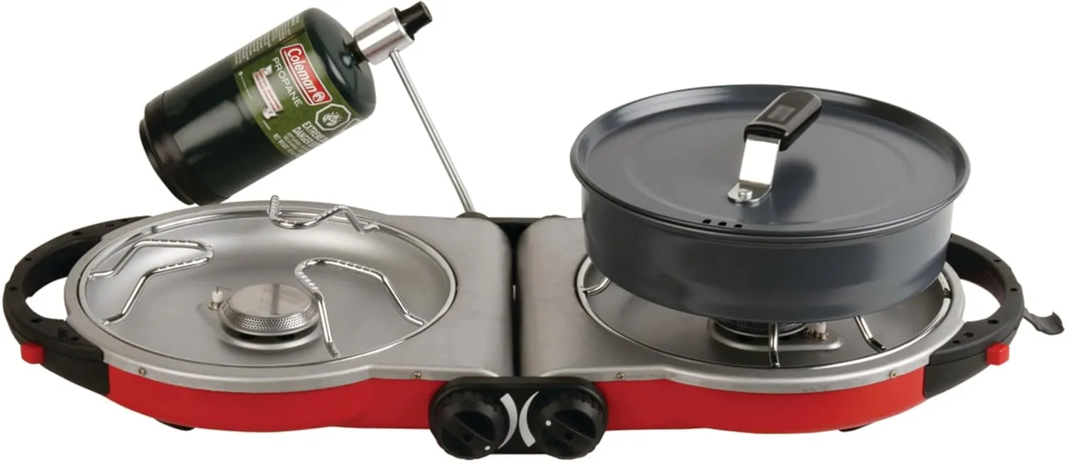 Coleman Fold N Go 2-Burner Propane Camping Stove Portable Folding Camp Stove with Push-Button Instant Ignition 2 Adjustable Burners with Pressure Control and 20000 BTUs of Power