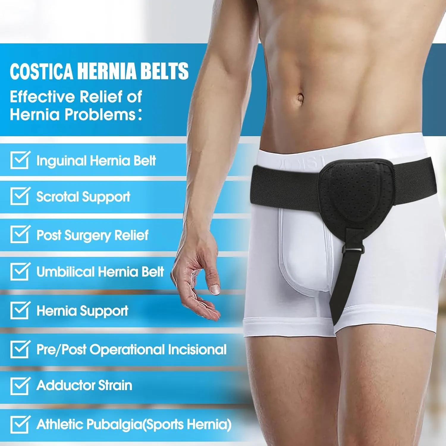 COSTICA Hernia Belts for Men, Inguinal Hernia Support Belt for Men and Women, Adjustable Groin Belt Fits Left or Right Side, Support Truss for Inguinal, 1 Removable Compression Pad, 1 PCS, L/XL