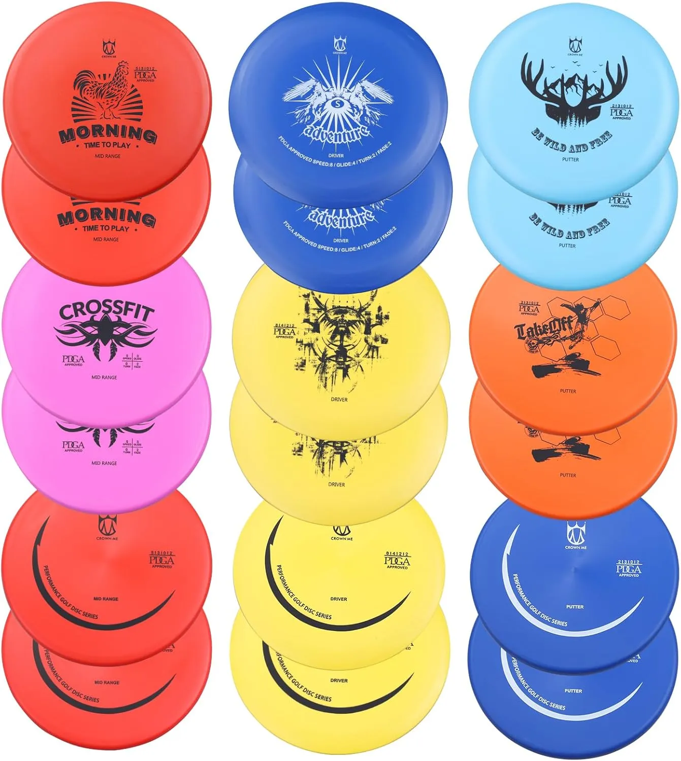 CROWN ME PDGA Approved 18 Pack disc Golf Discs, Includes Drivers, Mid-Ranges, Putters.