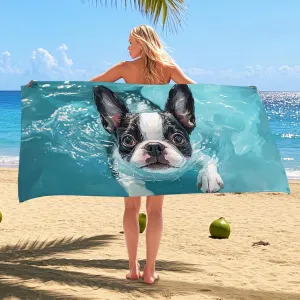 Cute Boston Terrier Dog Beach Towel Blue Water Swim Blanket, Quick Dry Absorbent Sand Free Oversized Lightweight Beach Mat, Vacation Pool Gym Outdoor Essentials 70x35 Inch