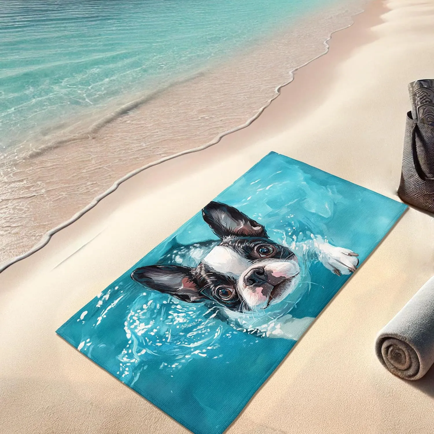 Cute Boston Terrier Dog Beach Towel Blue Water Swim Blanket, Quick Dry Absorbent Sand Free Oversized Lightweight Beach Mat, Vacation Pool Gym Outdoor Essentials 70x35 Inch