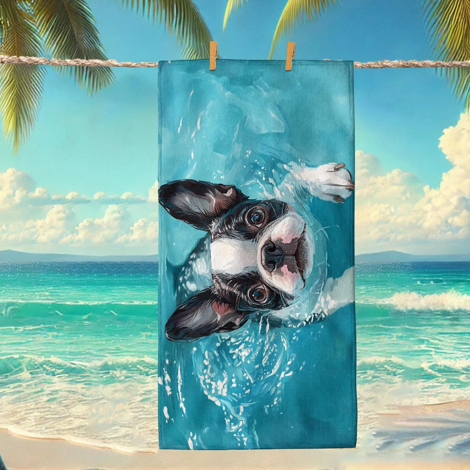 Cute Boston Terrier Dog Beach Towel Blue Water Swim Blanket, Quick Dry Absorbent Sand Free Oversized Lightweight Beach Mat, Vacation Pool Gym Outdoor Essentials 70x35 Inch
