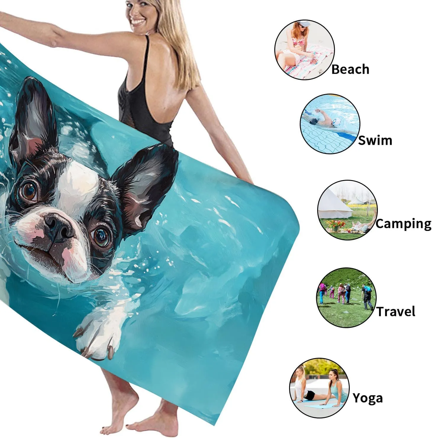 Cute Boston Terrier Dog Beach Towel Blue Water Swim Blanket, Quick Dry Absorbent Sand Free Oversized Lightweight Beach Mat, Vacation Pool Gym Outdoor Essentials 70x35 Inch