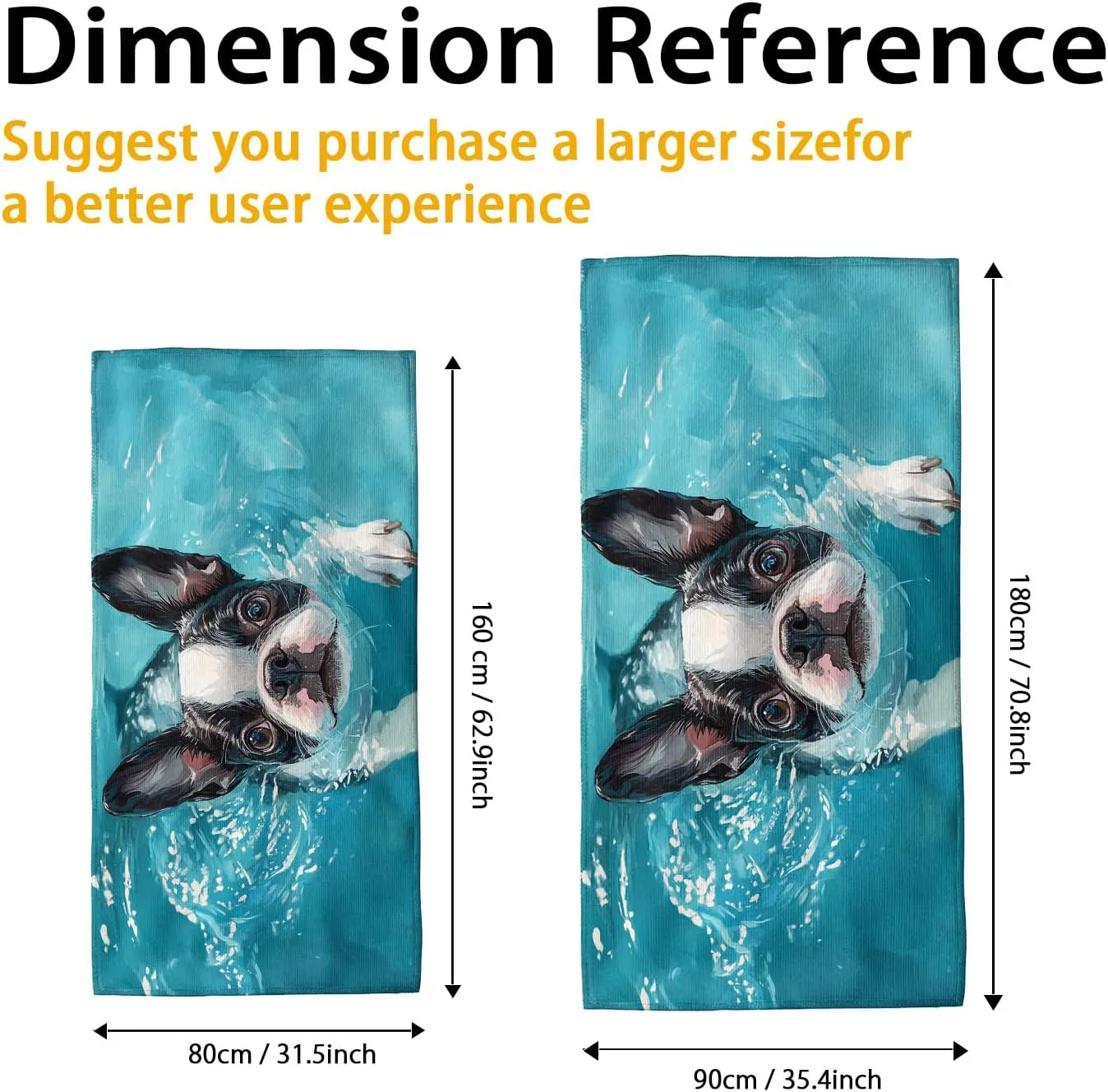 Cute Boston Terrier Dog Beach Towel Blue Water Swim Blanket, Quick Dry Absorbent Sand Free Oversized Lightweight Beach Mat, Vacation Pool Gym Outdoor Essentials 70x35 Inch