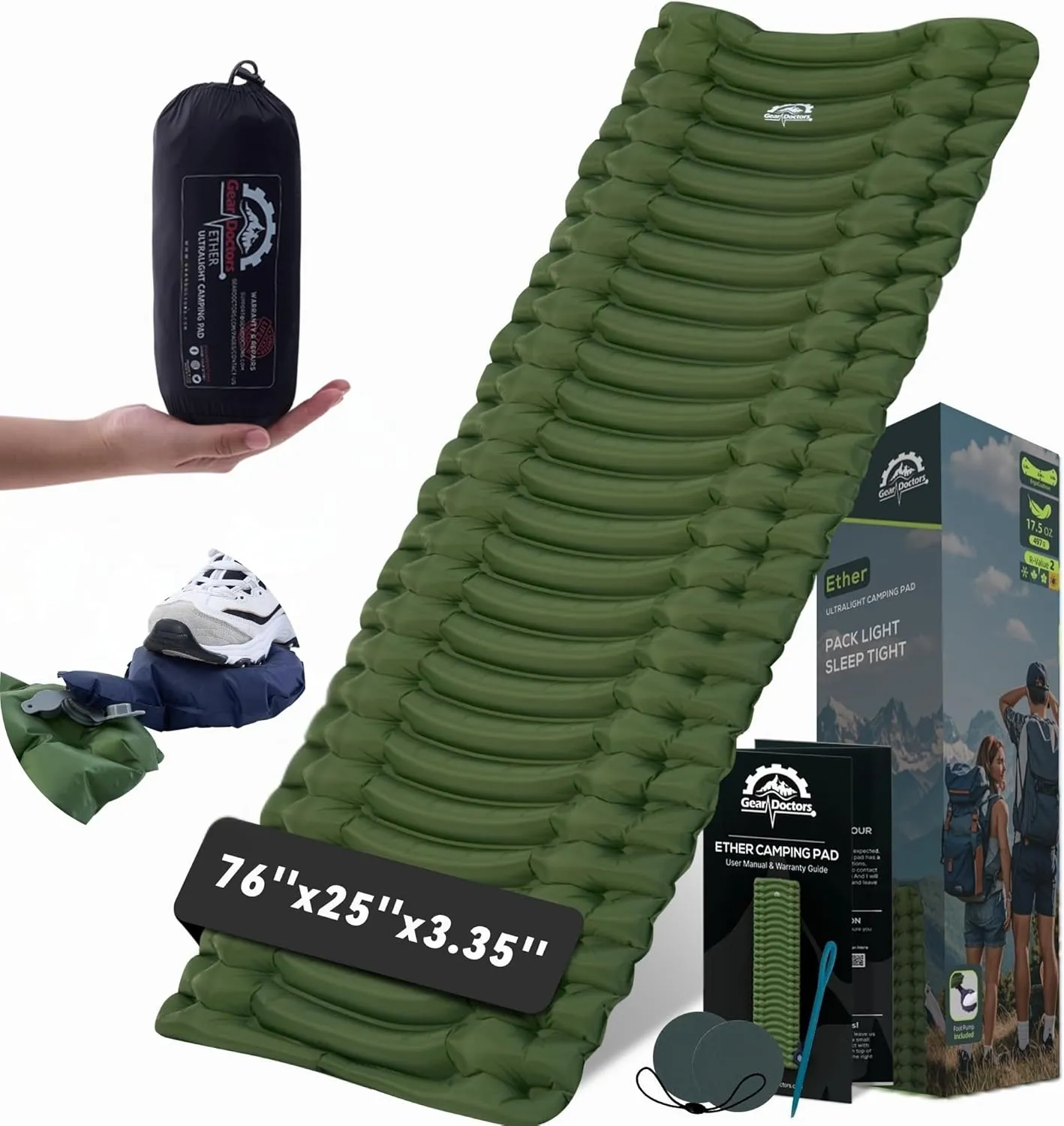 GearDoctors Ether Ultralight Sleeping Pad 17.5oz  Compact Camping Air Mattress  Inflatable Sleeping Mat for Backpacking, Hiking, Tent, Outdoor Travel