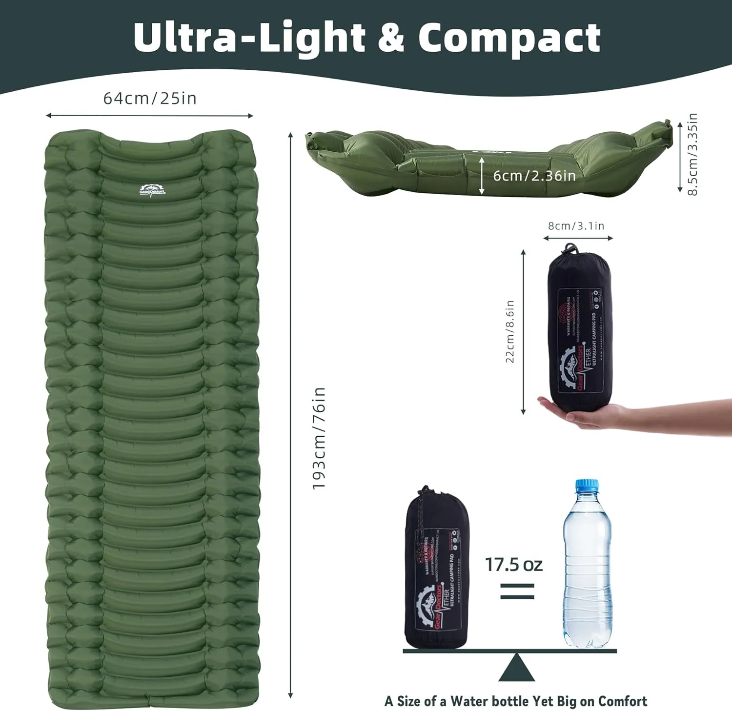 GearDoctors Ether Ultralight Sleeping Pad 17.5oz  Compact Camping Air Mattress  Inflatable Sleeping Mat for Backpacking, Hiking, Tent, Outdoor Travel