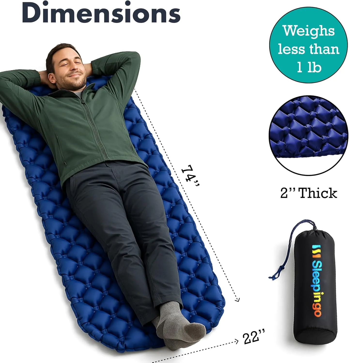 Inflatable Mat for Camping - Ultralight Sleeping Pad for Campings and Backpackings - Compact Air Mattress - Camping Mat with Tear-Resistant Ripstop Nylon - 73.5" x 21.5" - Blue