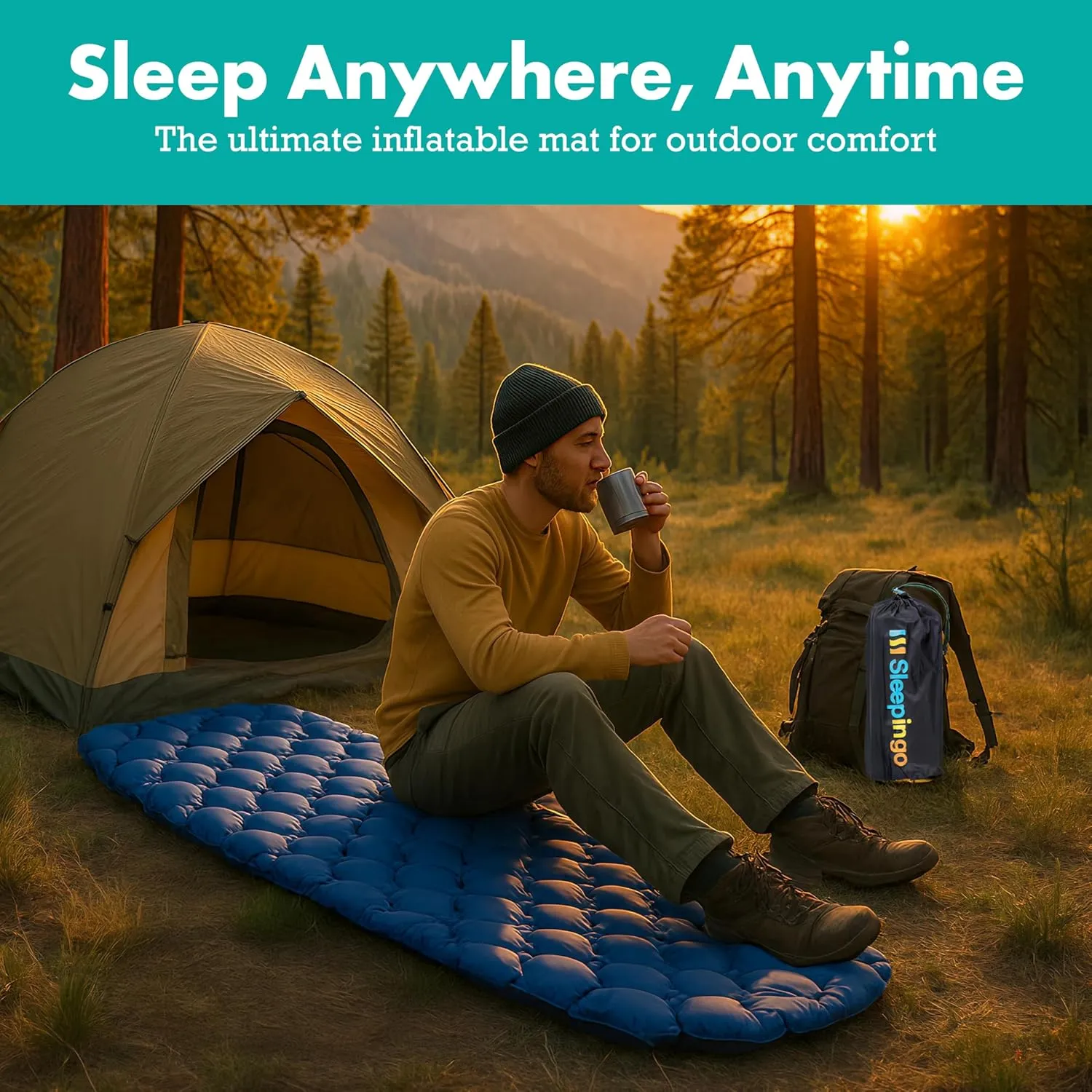 Inflatable Mat for Camping - Ultralight Sleeping Pad for Campings and Backpackings - Compact Air Mattress - Camping Mat with Tear-Resistant Ripstop Nylon - 73.5" x 21.5" - Blue