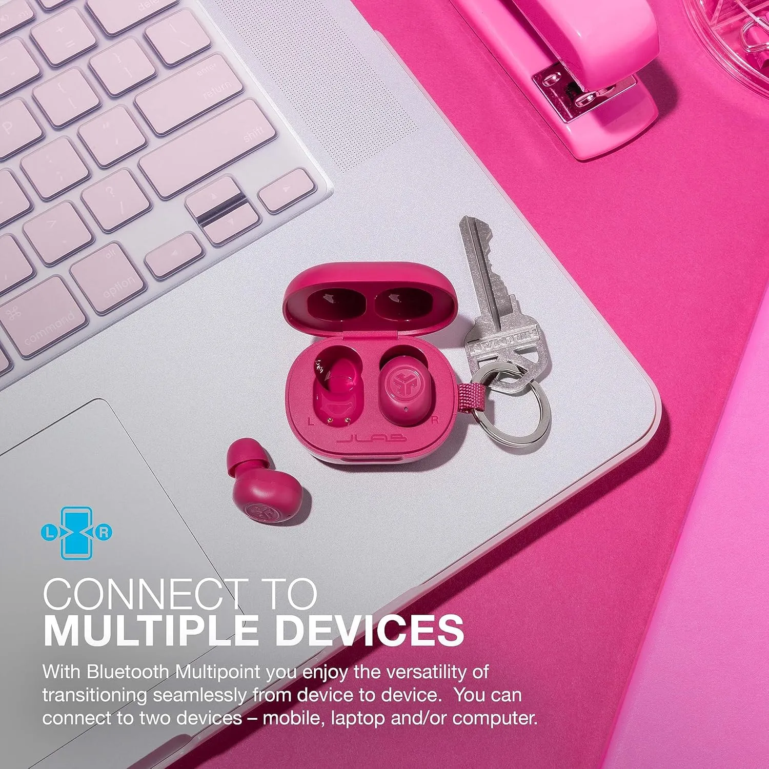 JLab JBuds Mini True Wireless Bluetooth Earbuds   Charging Case, Hot Pink, IP55 Sweat and Dust Proof, Bluetooth Multipoint, Be Aware Audio, 3 EQ Sound Settings, Crystal Clear Calls