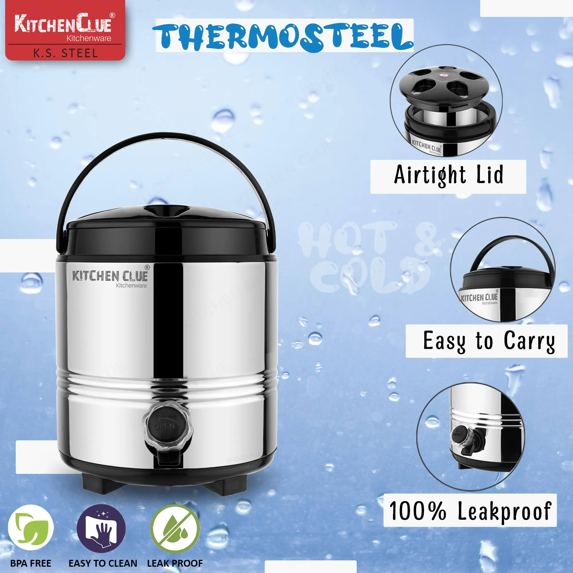 Kitchen Clue Stainless Steel Thermally Insulated Tea/Water Jug with Handle I 5 Liter I Airtight & Spill-Proof Lid I HOT & Cold Water Dispenser with Leak-Proof Tap I Highly Durable & Sturdy
