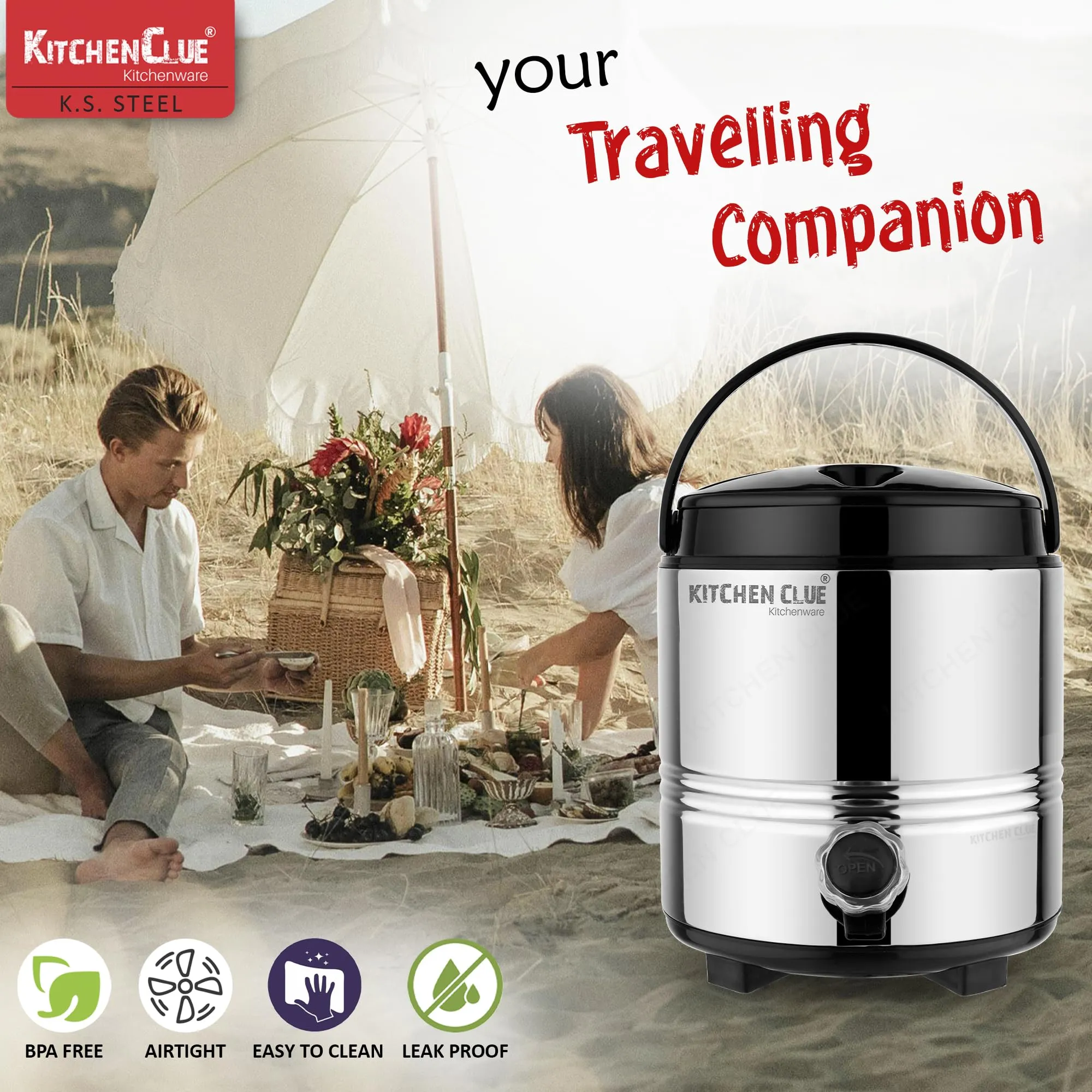 Kitchen Clue Stainless Steel Thermally Insulated Tea/Water Jug with Handle I 5 Liter I Airtight & Spill-Proof Lid I HOT & Cold Water Dispenser with Leak-Proof Tap I Highly Durable & Sturdy