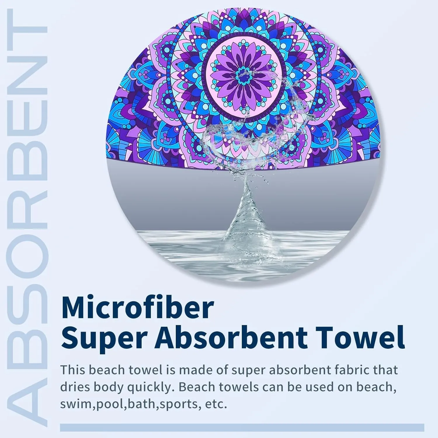 Microfiber Sand Free Beach Towel Thin Quick Dry Super Absorbent Large Lightweight Towels for Travel Sports Pool Swimming Bath Yoga Girls Women Adults Boho Palm Tree Blue Mandala