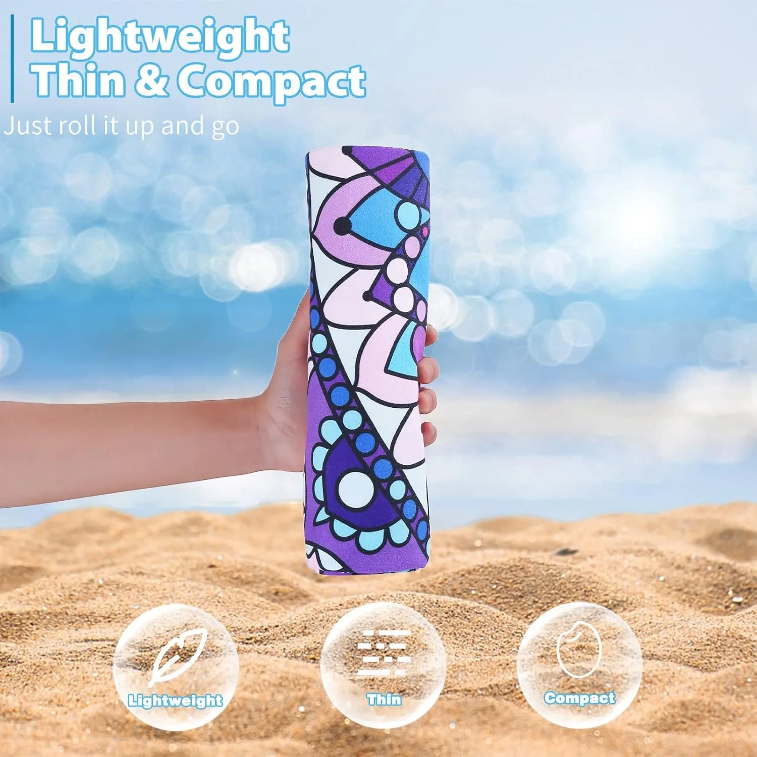 Microfiber Sand Free Beach Towel Thin Quick Dry Super Absorbent Large Lightweight Towels for Travel Sports Pool Swimming Bath Yoga Girls Women Adults Boho Palm Tree Blue Mandala