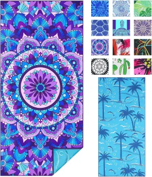 Microfiber Sand Free Beach Towel Thin Quick Dry Super Absorbent Large Lightweight Towels for Travel Sports Pool Swimming Bath Yoga Girls Women Adults Boho Palm Tree Blue Mandala