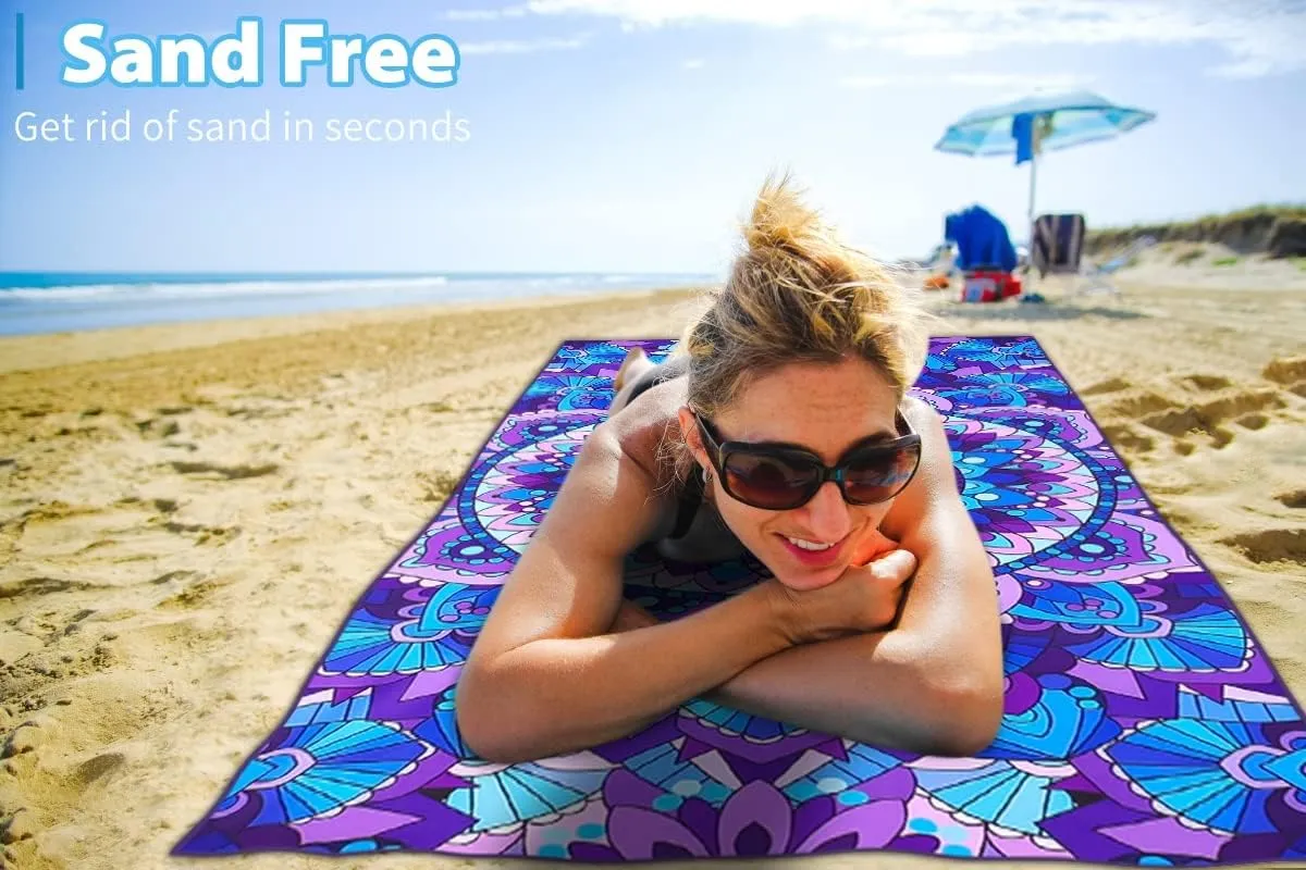 Microfiber Sand Free Beach Towel Thin Quick Dry Super Absorbent Large Lightweight Towels for Travel Sports Pool Swimming Bath Yoga Girls Women Adults Boho Palm Tree Blue Mandala