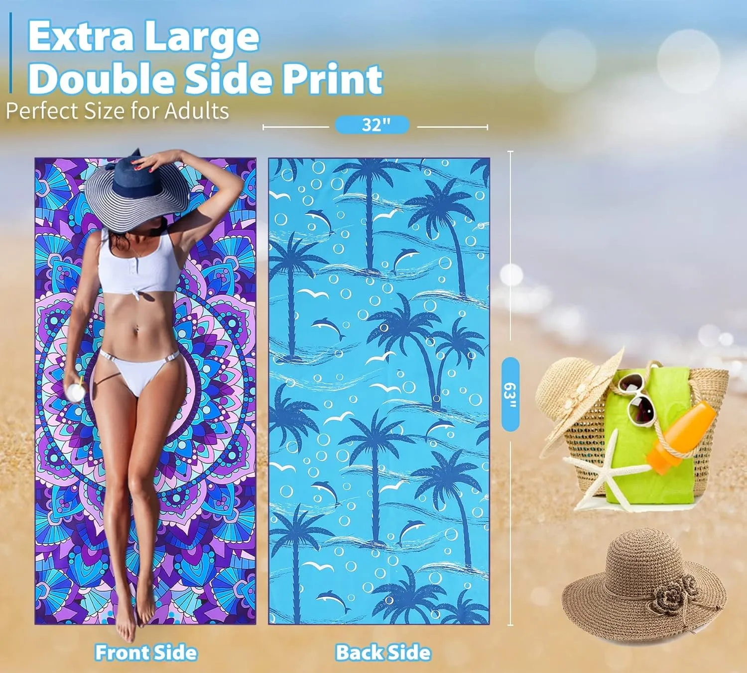 Microfiber Sand Free Beach Towel Thin Quick Dry Super Absorbent Large Lightweight Towels for Travel Sports Pool Swimming Bath Yoga Girls Women Adults Boho Palm Tree Blue Mandala