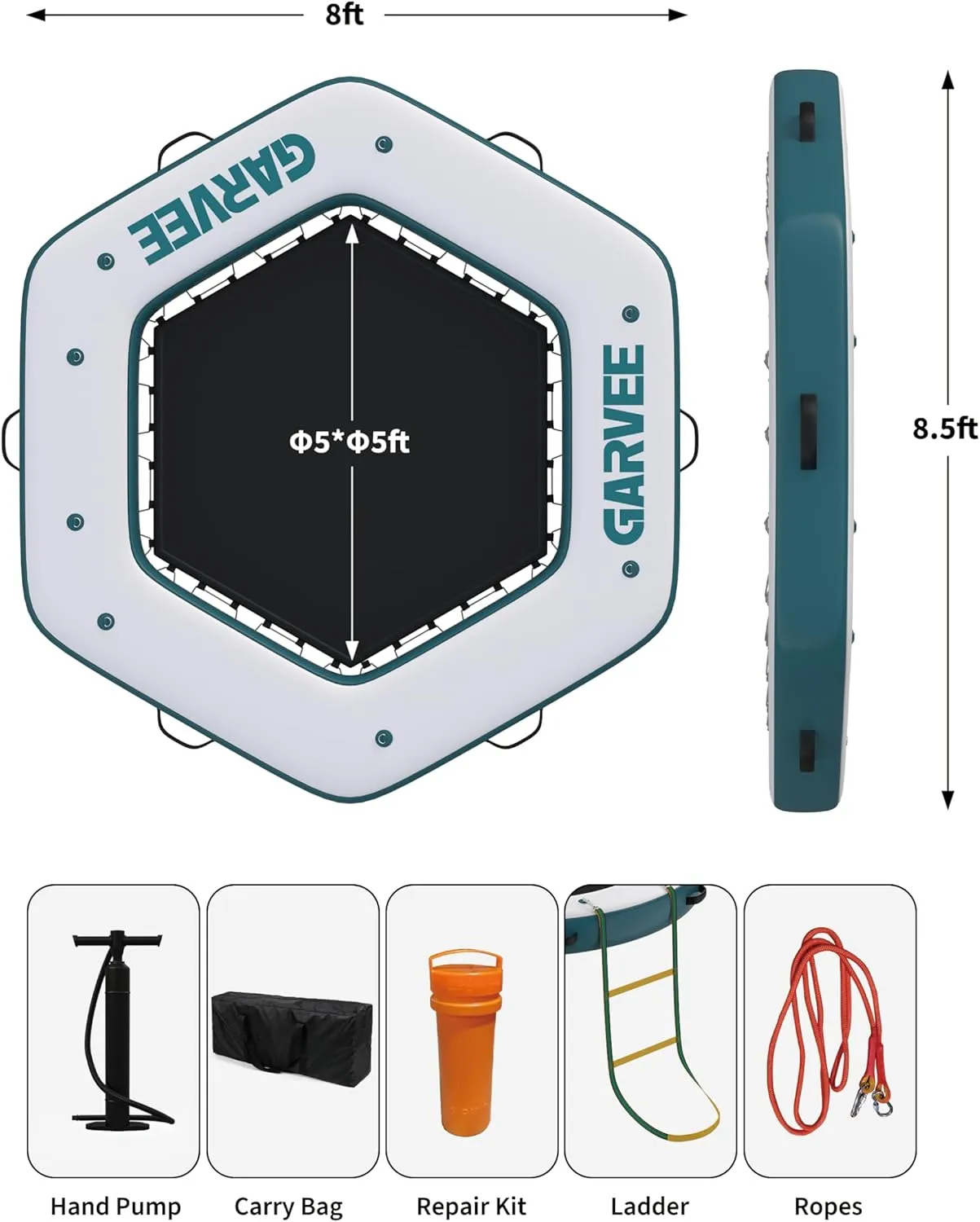 PeakPersuit Round 8x8FT Inflatable Floating Dock, Floating Dock Water Platform with Mesh Swim Area,Non-Slip EVA Platform and Rope Ladder,Boats,Pool,Lake,Beach,Ocean
