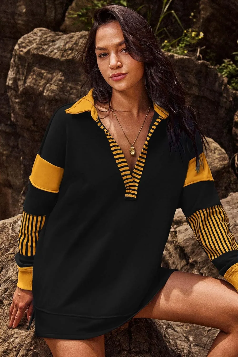 ReachMe Womens Oversized Striped Sweatshirts V Neck Loose Fit Tunic Colorblock Polo Shirts Patchwork Pullover Tops