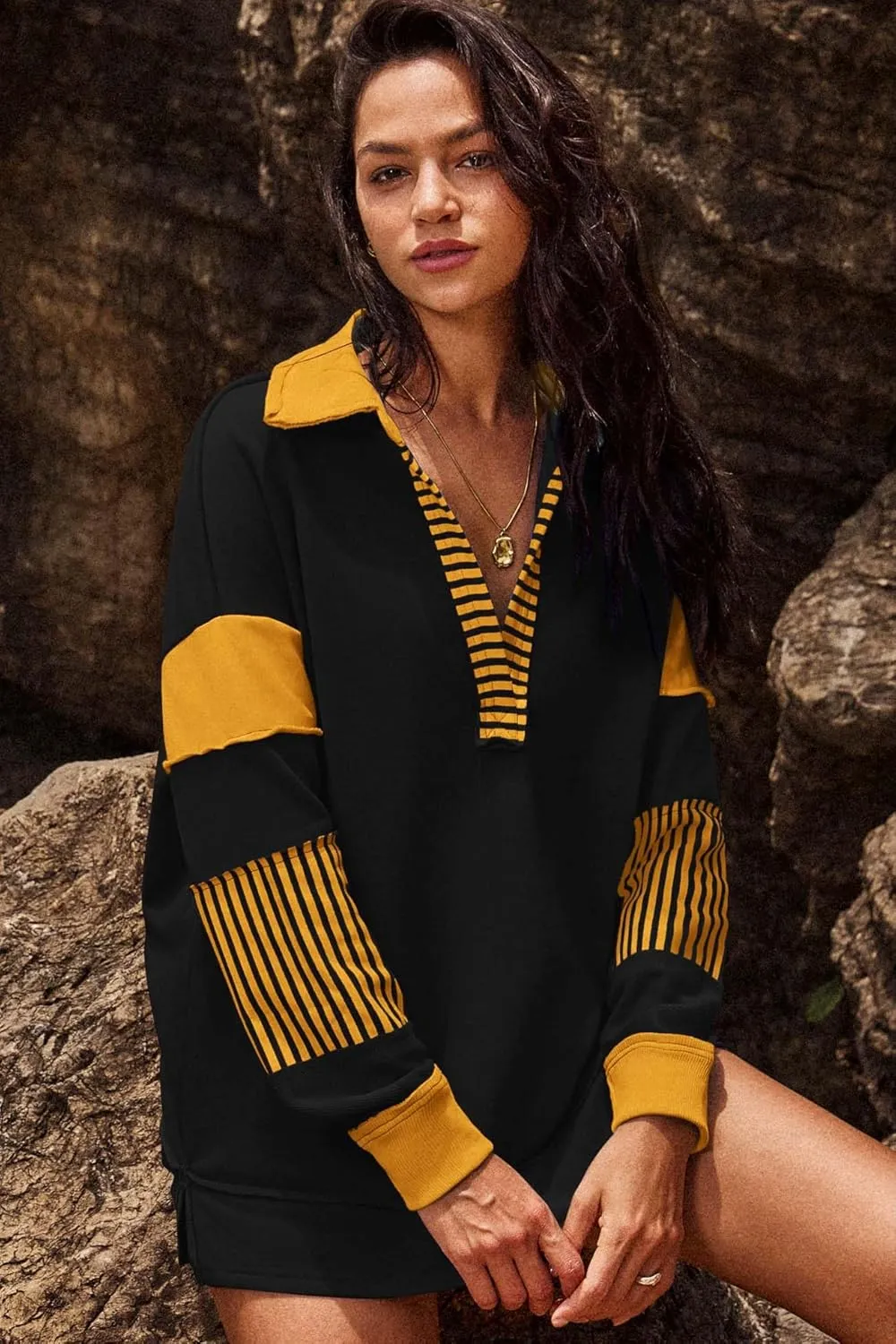 ReachMe Womens Oversized Striped Sweatshirts V Neck Loose Fit Tunic Colorblock Polo Shirts Patchwork Pullover Tops