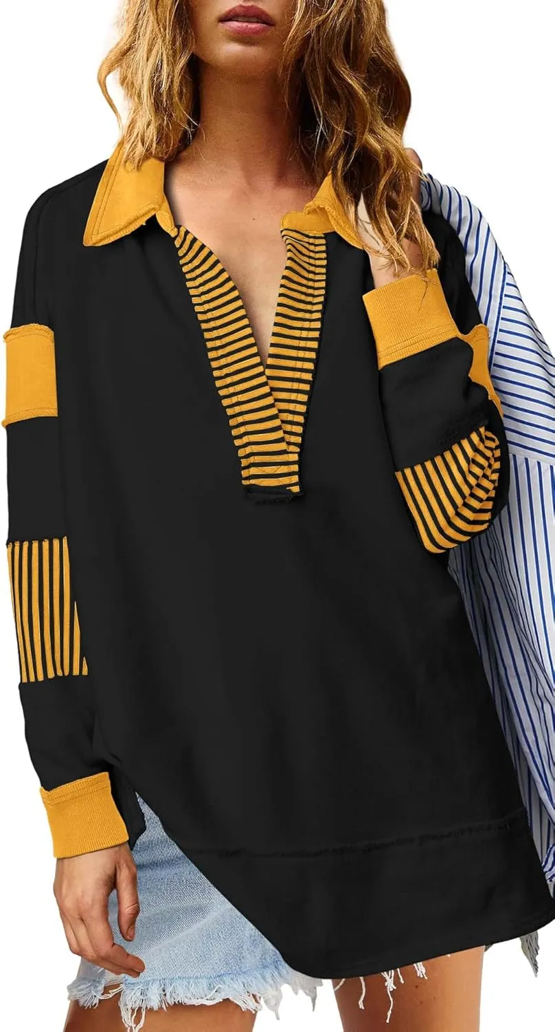 ReachMe Womens Oversized Striped Sweatshirts V Neck Loose Fit Tunic Colorblock Polo Shirts Patchwork Pullover Tops