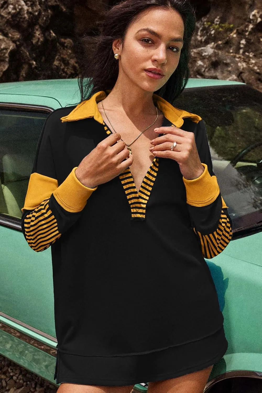 ReachMe Womens Oversized Striped Sweatshirts V Neck Loose Fit Tunic Colorblock Polo Shirts Patchwork Pullover Tops