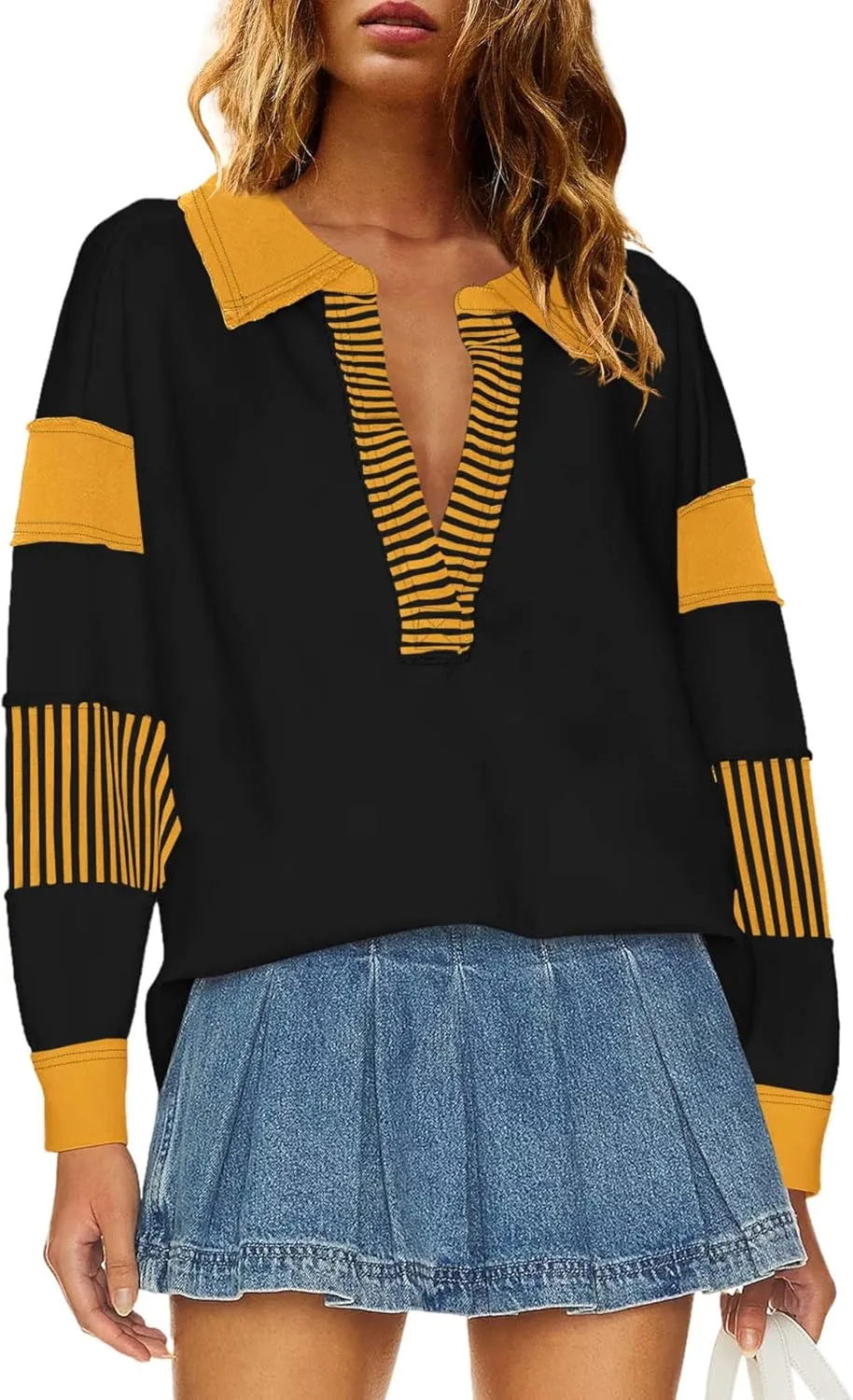 ReachMe Womens Oversized Striped Sweatshirts V Neck Loose Fit Tunic Colorblock Polo Shirts Patchwork Pullover Tops
