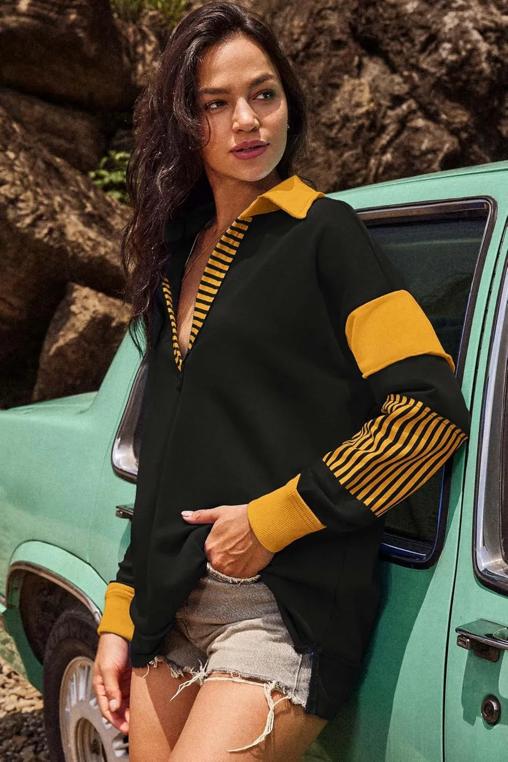 ReachMe Womens Oversized Striped Sweatshirts V Neck Loose Fit Tunic Colorblock Polo Shirts Patchwork Pullover Tops