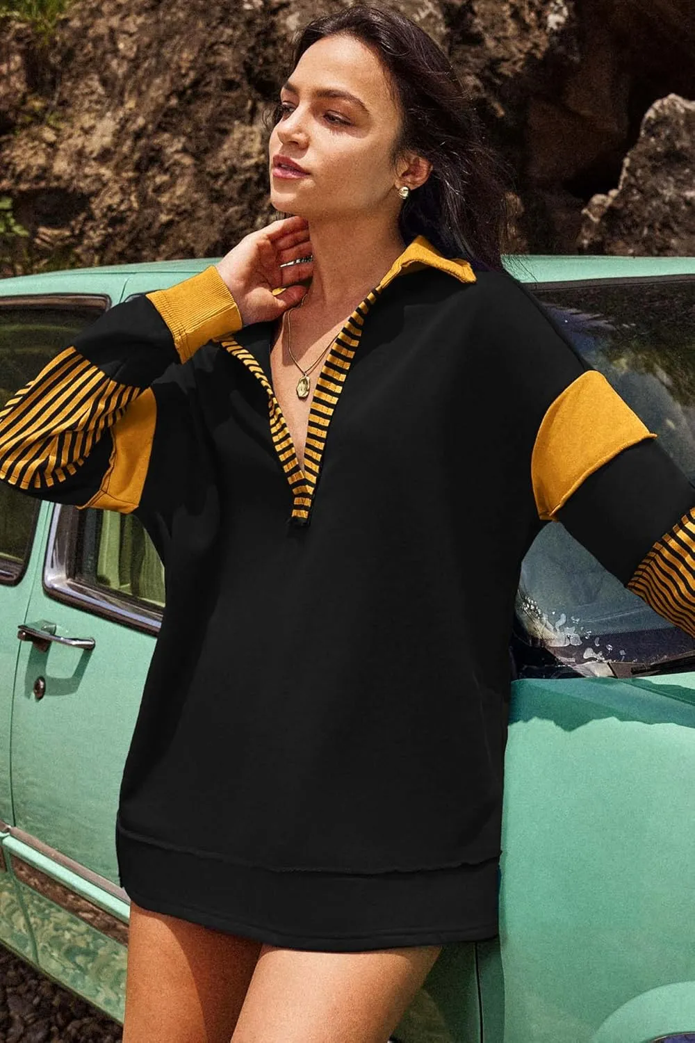 ReachMe Womens Oversized Striped Sweatshirts V Neck Loose Fit Tunic Colorblock Polo Shirts Patchwork Pullover Tops