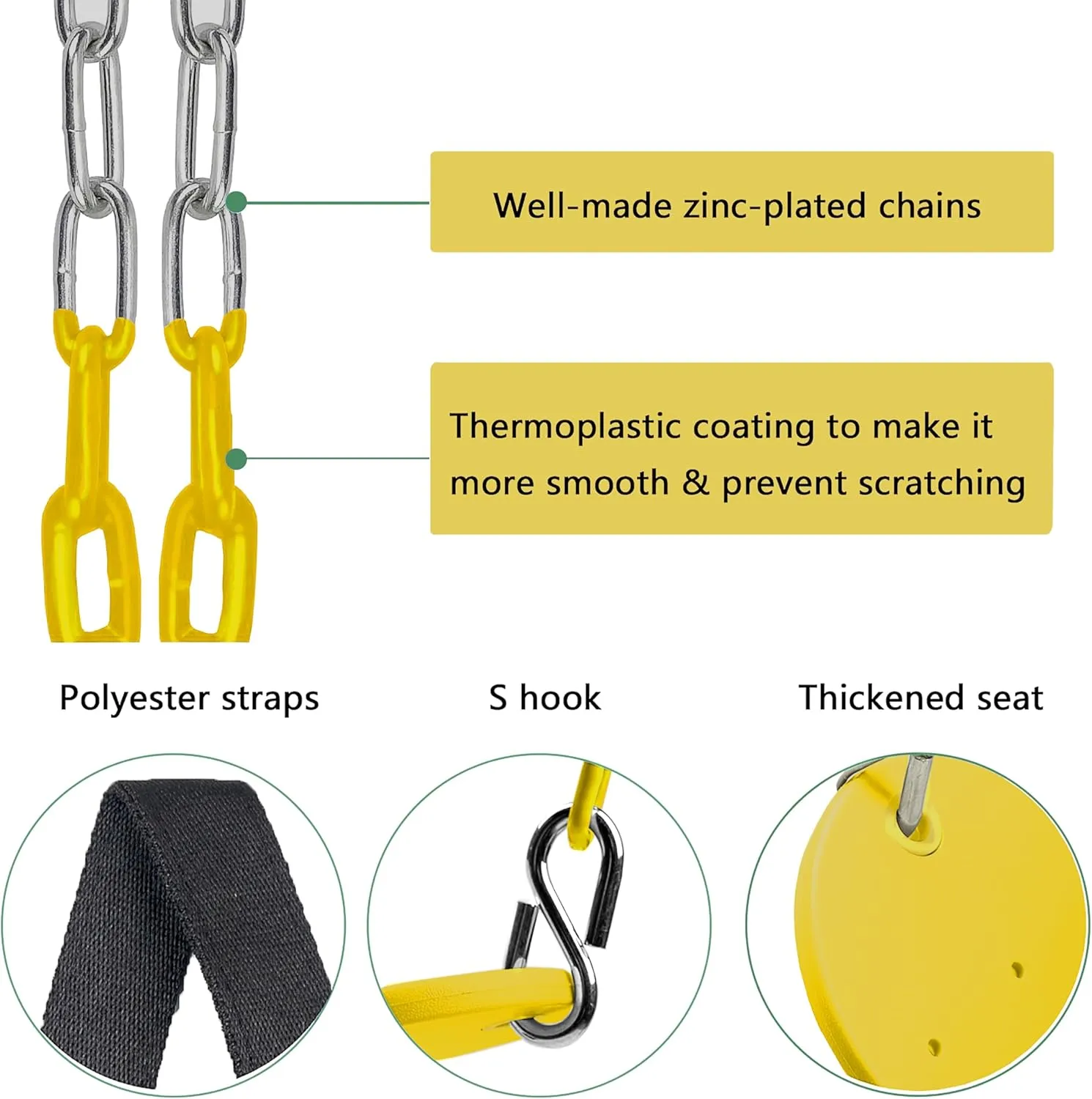 Swing Seat, 66" Heavy Duty Coated Iron Chain Sensory Swing, Therapy Swing Seat,Outdoor Playground Swing Set Accessories with Snap Hooks and Hanging Straps (Yellow)