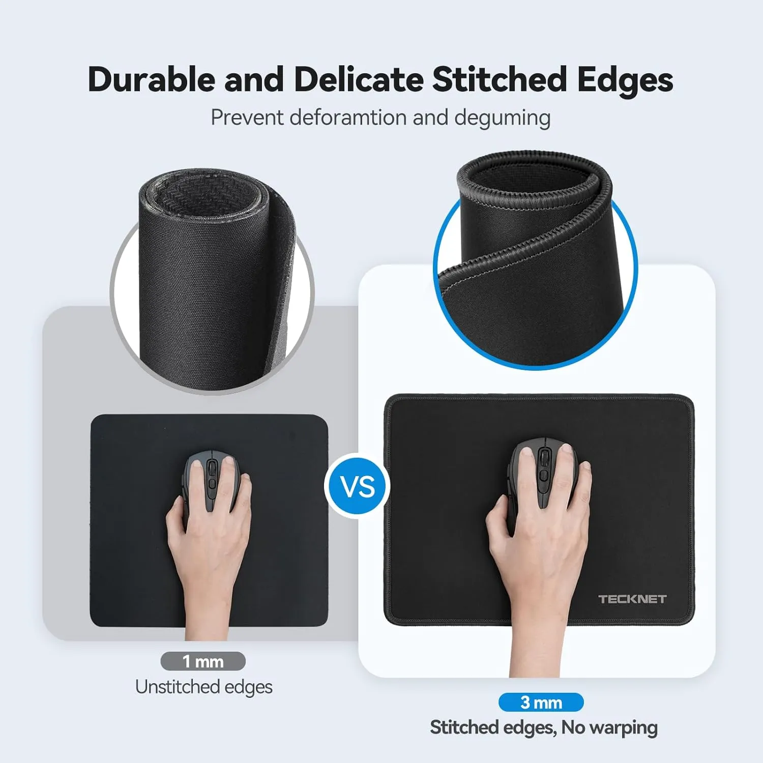 TECKNET Mouse Pad with Anti-fray Stitching, Waterproof Surface & Non-Slip Rubber Base with Stitched Edges Gaming Mouse Mat for LaptopCompatible with Laser and Optical Mice - Black