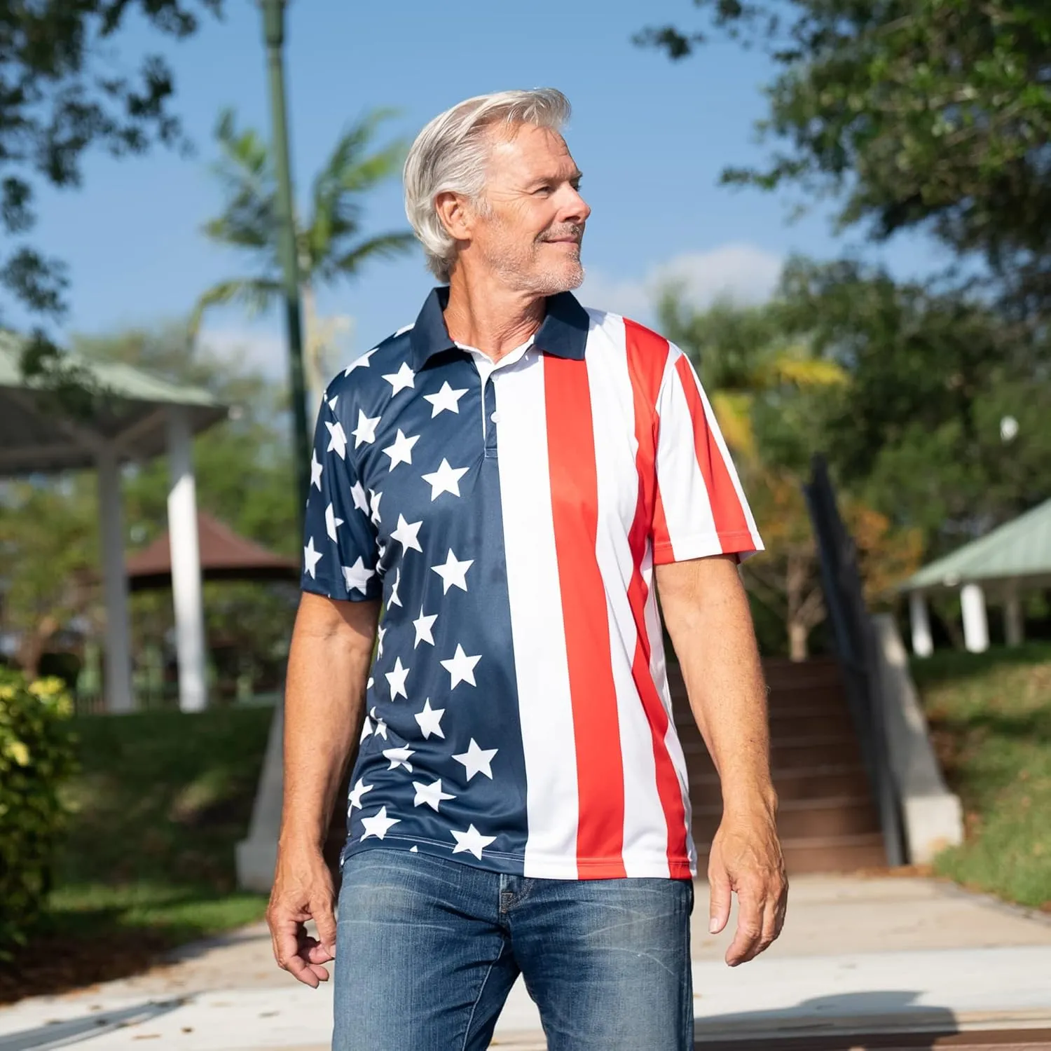 TheFlagshirt Men's Patriotic Performance Golf American Flag Classic Fit Polo Shirt