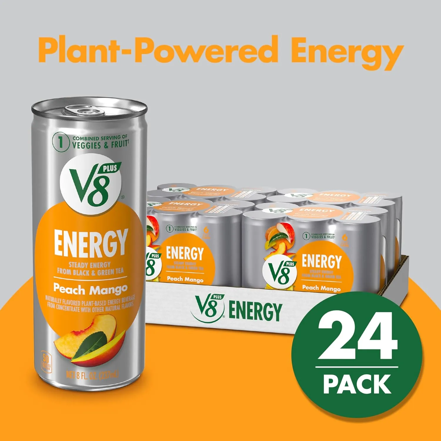 V8  Energy Peach Mango Juice Energy Drink, 8 fl oz Can (24 Pack)