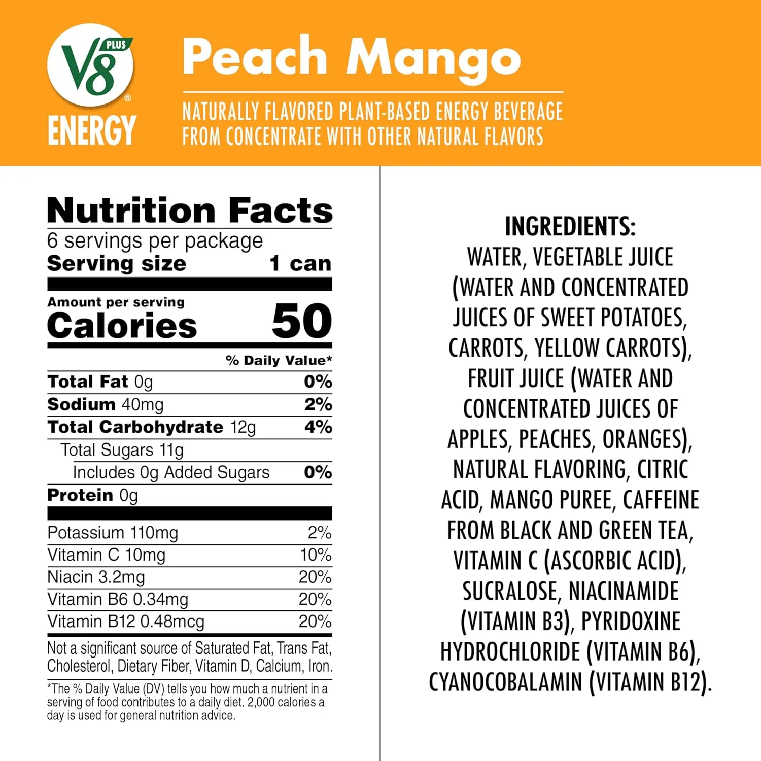 V8  Energy Peach Mango Juice Energy Drink, 8 fl oz Can (24 Pack)